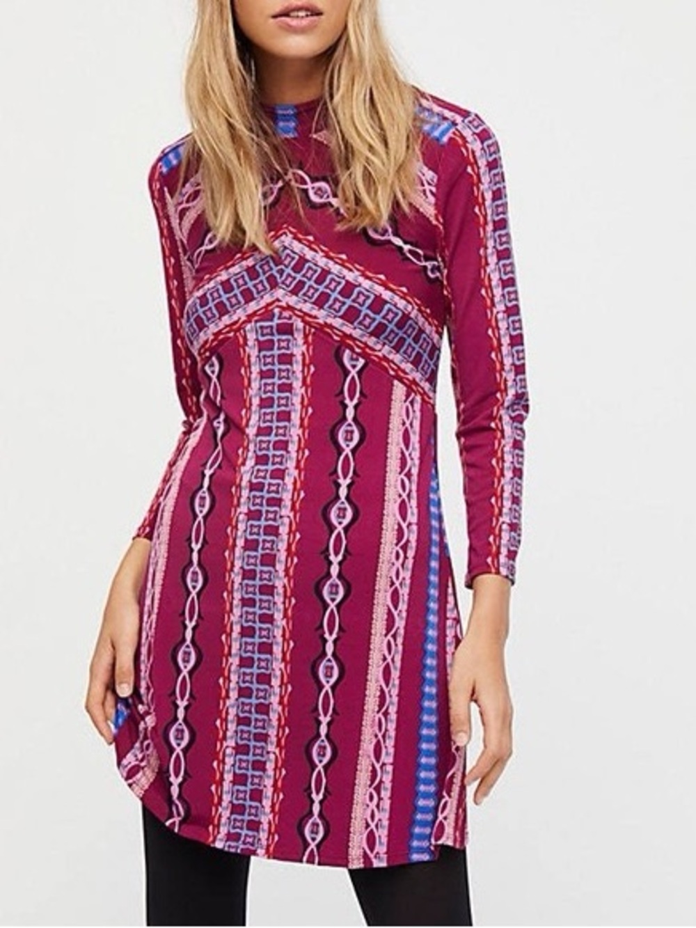 Free People Magenta Multi-Pattern Long-Sleeve Dress